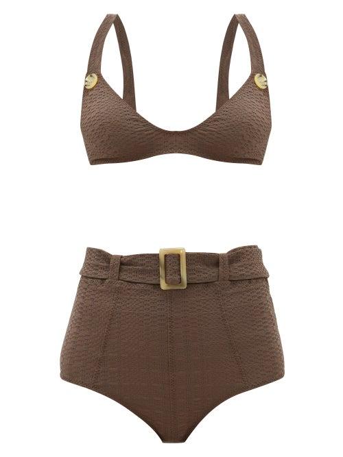 Matchesfashion.com Lisa Marie Fernandez - Magdalena High-waist Belted Seersucker Bikini - Womens - Brown