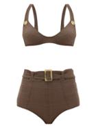 Matchesfashion.com Lisa Marie Fernandez - Magdalena High-waist Belted Seersucker Bikini - Womens - Brown