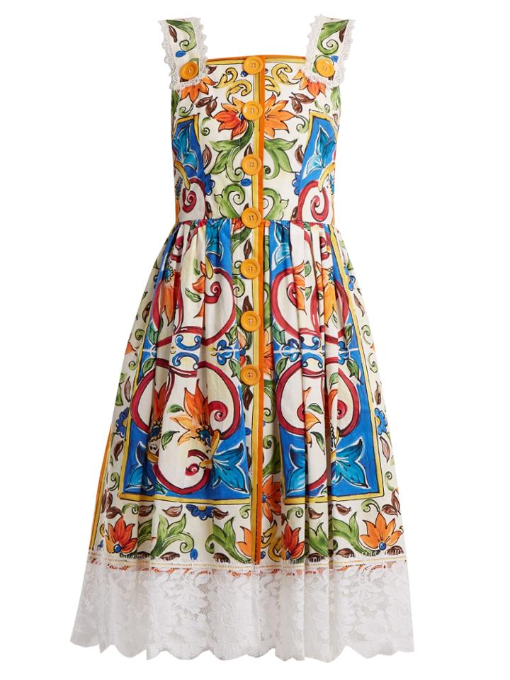 Dolce & Gabbana Majolica-print Square-neck Cotton-blend Dress