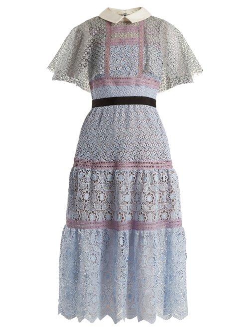 Matchesfashion.com Self-portrait - Contrast Collar Floral Lace Midi Dress - Womens - Light Blue