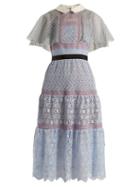 Matchesfashion.com Self-portrait - Contrast Collar Floral Lace Midi Dress - Womens - Light Blue