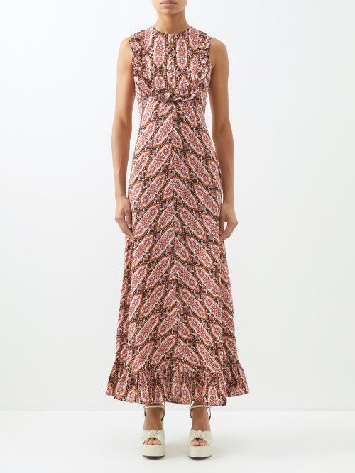 La Doublej - Frill-trim Printed Crepe Maxi Dress - Womens - Red Multi
