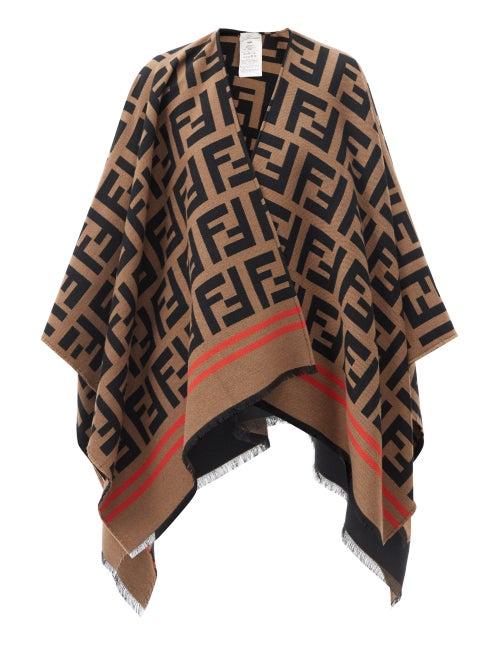 Matchesfashion.com Fendi - Ff-jacquard Fringed Wool-blend Poncho - Womens - Brown Multi