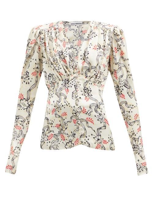 Matchesfashion.com Paco Rabanne - Gathered Ribbon And Floral-print Satin Top - Womens - Beige Print