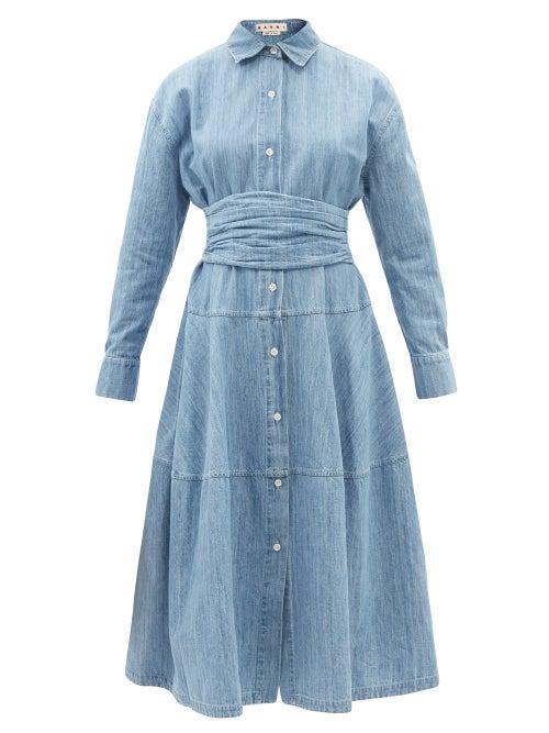 Ladies Rtw Marni - Belted Cotton-blend Chambray Shirt Dress - Womens - Blue