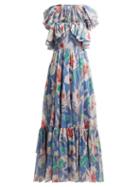 Matchesfashion.com Valentino - Hibiscus Print Cotton Maxi Dress - Womens - Blue Multi