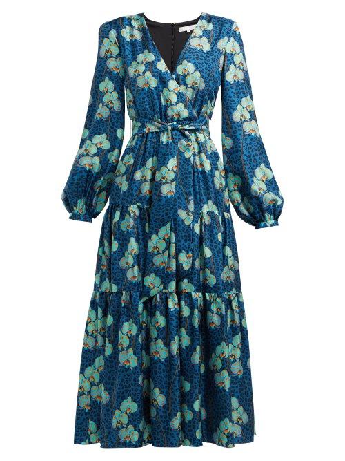 Matchesfashion.com Borgo De Nor - Sol Leopard And Orchid Print Silk Midi Dress - Womens - Blue Print