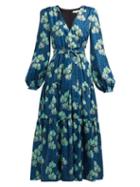 Matchesfashion.com Borgo De Nor - Sol Leopard And Orchid Print Silk Midi Dress - Womens - Blue Print
