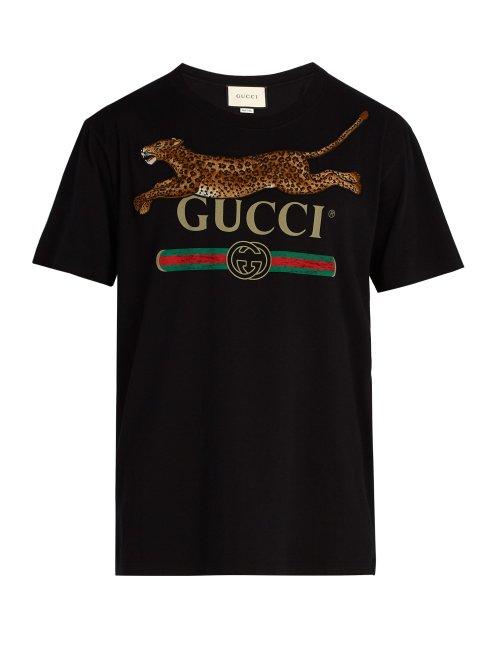 Matchesfashion.com Gucci - Jumping Leopard Appliqu Crew Neck Cotton T Shirt - Mens - Black