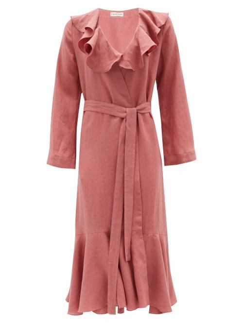Matchesfashion.com Casa Raki - Esme Ruffled Organic-linen Wrap Dress - Womens - Dark Pink