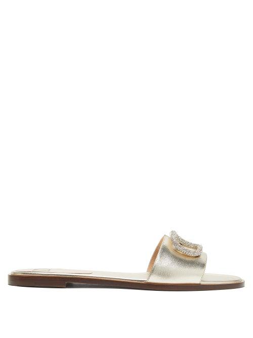 Matchesfashion.com Valentino Garavani - V-logo Crystal-embellished Leather Slides - Womens - Gold