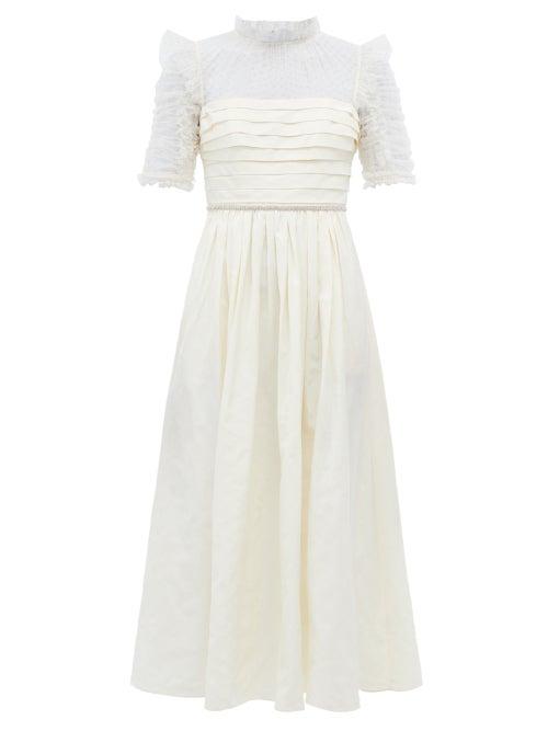 Matchesfashion.com Self-portrait - Ruffled Dot Mesh-sleeve Taffeta Midi Dress - Womens - Ivory