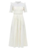 Matchesfashion.com Self-portrait - Ruffled Dot Mesh-sleeve Taffeta Midi Dress - Womens - Ivory