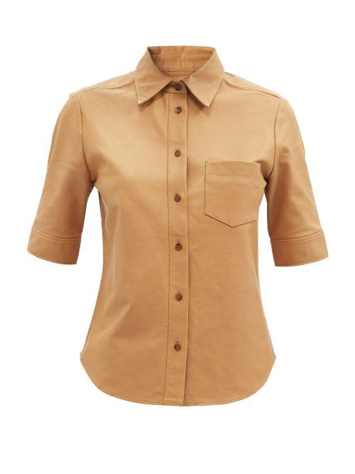 Matchesfashion.com Frame - Short-sleeved Leather Shirt - Womens - Camel