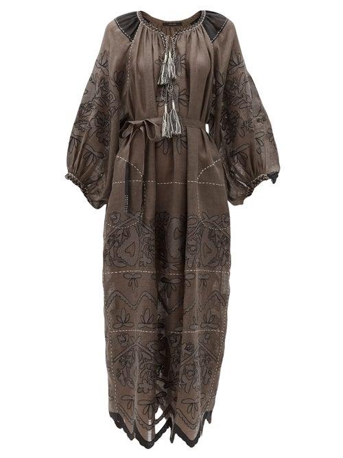 Matchesfashion.com Vita Kin - Mirela Floral-embroidered Linen Dress - Womens - Dark Grey