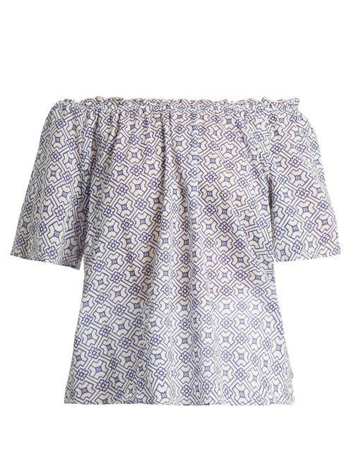 Matchesfashion.com Velvet By Graham & Spencer - Bertie Off The Shoulder Geometric Print Cotton Top - Womens - Blue White