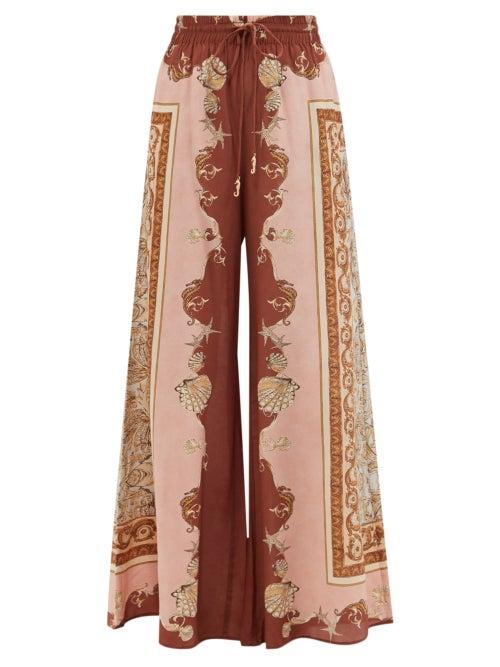 Ladies Beachwear Ale Mais - Ursula Scarf-print Silk-crepe Wide-leg Trousers - Womens - Brown Multi