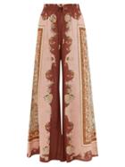 Ladies Beachwear Ale Mais - Ursula Scarf-print Silk-crepe Wide-leg Trousers - Womens - Brown Multi