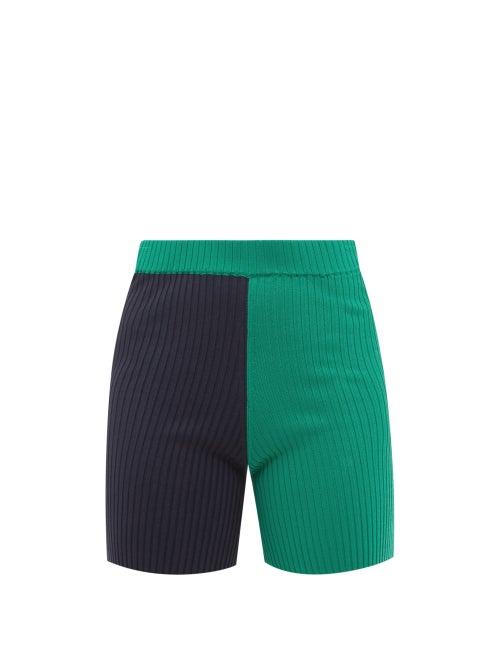 Ladies Rtw Staud - Maki High-rise Colour-block Ribbed Cycling Shorts - Womens - Green Navy