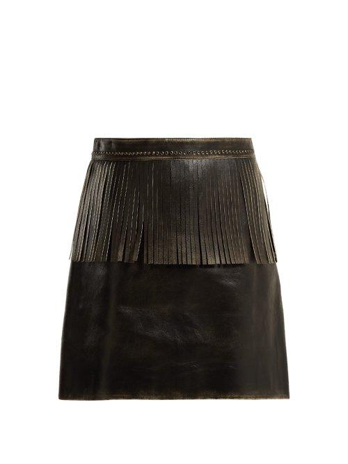 Matchesfashion.com Miu Miu - Fringe Trimmed Leather Mini Skirt - Womens - Black