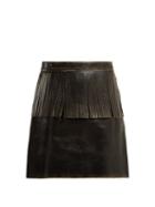 Matchesfashion.com Miu Miu - Fringe Trimmed Leather Mini Skirt - Womens - Black