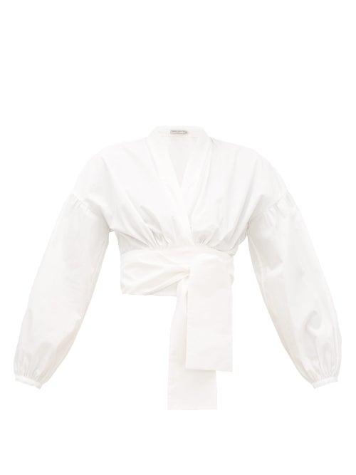 Matchesfashion.com Three Graces London - Greta Balloon-sleeve Cotton-poplin Wrap Blouse - Womens - White