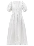 Matchesfashion.com Kika Vargas - Puff-sleeve Cotton-blend Poplin Dress - Womens - White