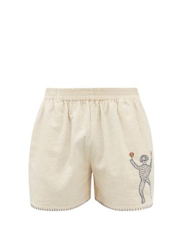 Harago - Kantha-embroidered Cotton Shorts - Mens - White Multi