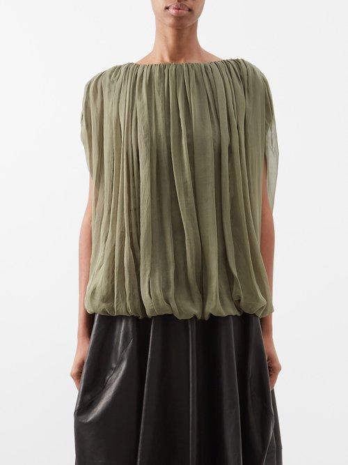 Rick Owens - Pleated Bubble-hem Silk-chiffon Top - Womens - Military Green