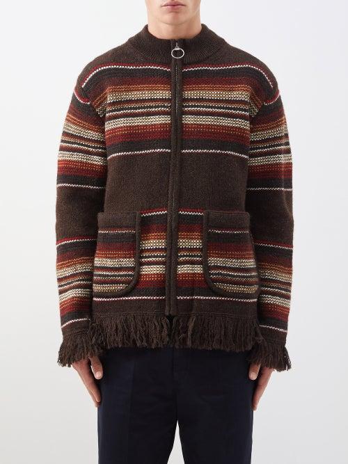 Junya Watanabe - Fringed Wool-jacquard Zip Cardigan - Mens - Brown Multi
