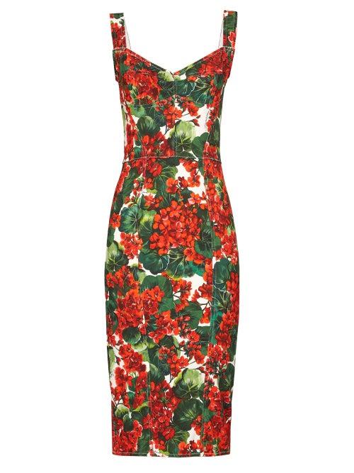 Matchesfashion.com Dolce & Gabbana - Geranium Print Pannelled Midi Dress - Womens - Red Multi