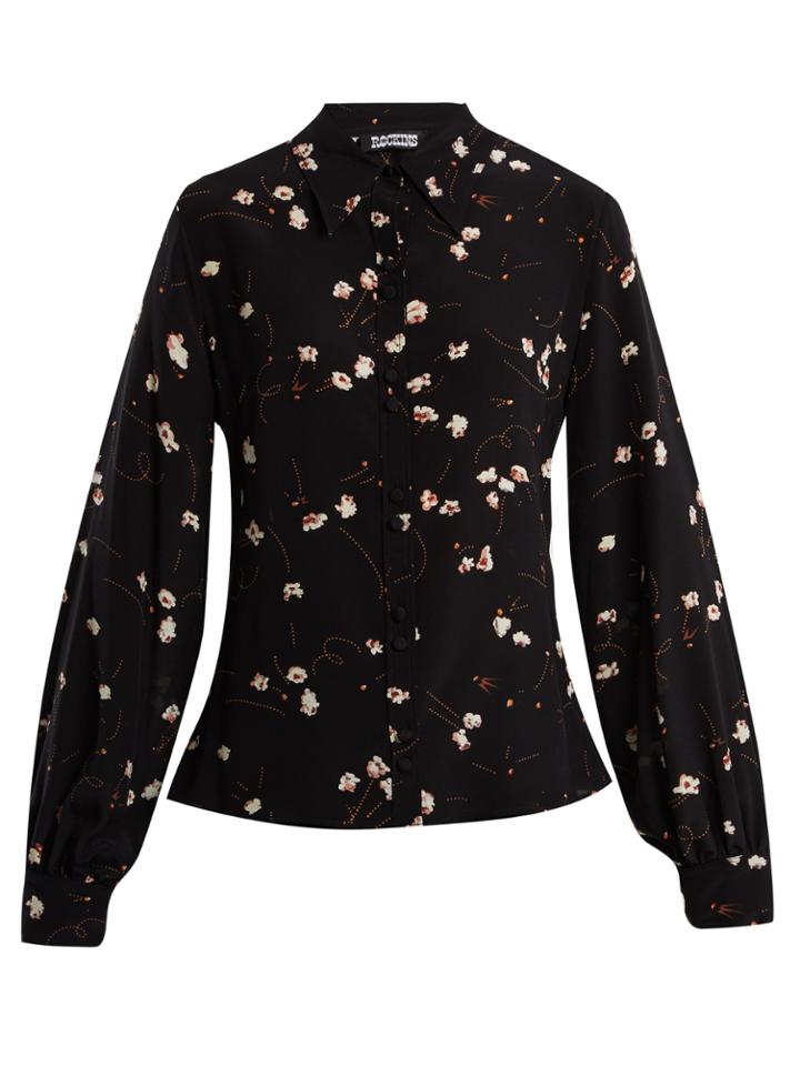 Rockins Floral-print Point-collar Silk Blouse
