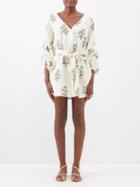 Hannah Artwear - Rhea Floral-print Linen Mini Dress - Womens - Ivory Multi