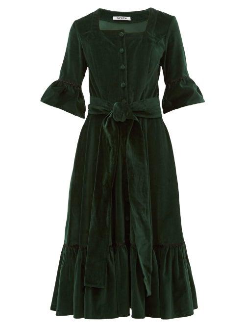 Matchesfashion.com Batsheva - Ruffled Square-neck Cotton-velvet Midi Dress - Womens - Green