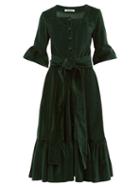 Matchesfashion.com Batsheva - Ruffled Square-neck Cotton-velvet Midi Dress - Womens - Green