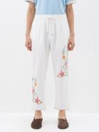 Harago - Floral Cross-stitched Linen Trousers - Mens - White Multi