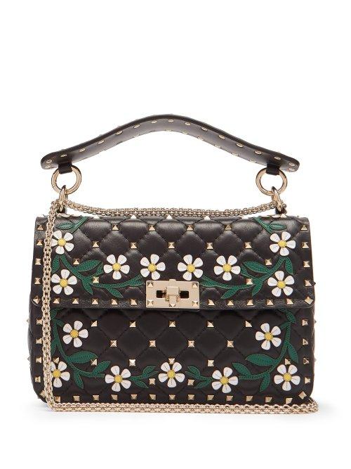 Matchesfashion.com Valentino - Rockstud Spike Floral Appliqu Leather Bag - Womens - Black Multi
