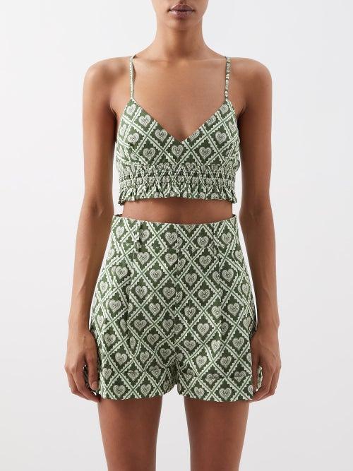 Rhode - Sadie Geometric-print Cropped Cotton-poplin Top - Womens - Green Print