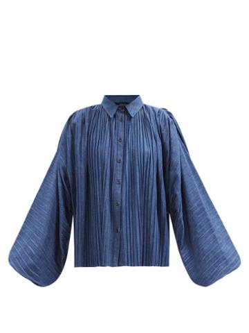 Made In Tomboy - Claire Balloon-sleeve Pleated Denim Shirt - Womens - Dark Blue