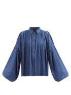 Made In Tomboy - Claire Balloon-sleeve Pleated Denim Shirt - Womens - Dark Blue