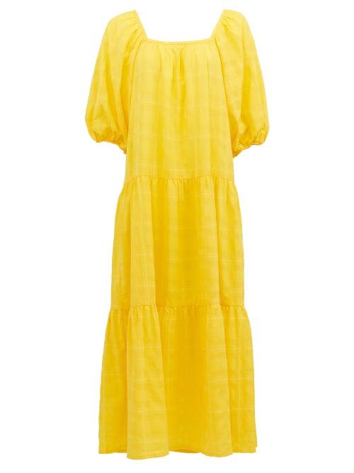 Matchesfashion.com Solid & Striped - Square-neck Tiered Checked-cotton Midi Dress - Womens - Yellow