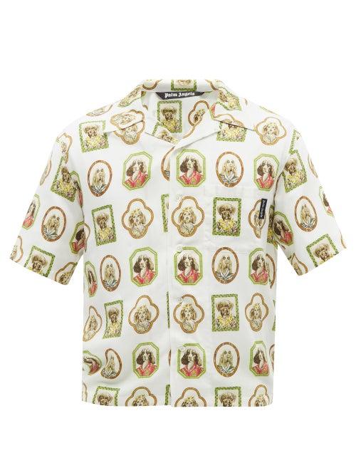 Palm Angels - Hawaiian Dogs-print Cuban-collar Twill Shirt - Mens - White Multi
