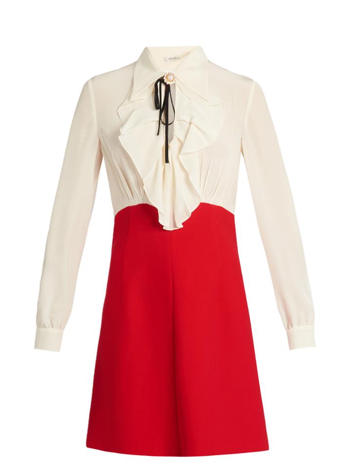 Miu Miu Bi-colour Ruffled Crepe De Chine Dress