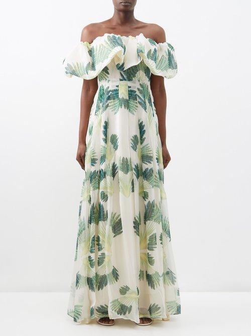 Raquel Diniz - Julles Off-the-shoulder Printed Silk-chiffon Dress - Womens - Green White