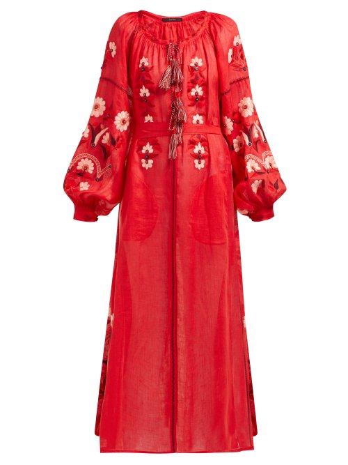 Matchesfashion.com Vita Kin - Magnolia Embroidered Linen Midi Dress - Womens - Red Multi