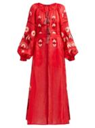Matchesfashion.com Vita Kin - Magnolia Embroidered Linen Midi Dress - Womens - Red Multi