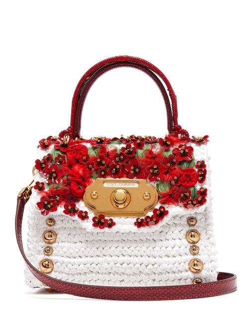 Matchesfashion.com Dolce & Gabbana - Welcome Floral Appliqu, Leather & Raffia Bag - Womens - White Multi