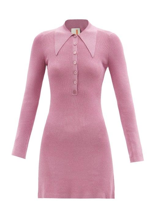 Joostricot - Point-collar Ribbed Lurex-jersey Mini Dress - Womens - Pink