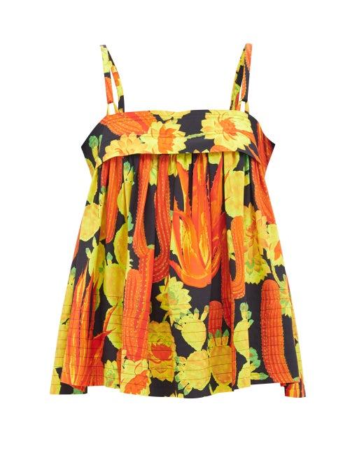 Loewe Paula's Ibiza - Cactus-print Tie-strap Twill Top - Womens - Orange Multi