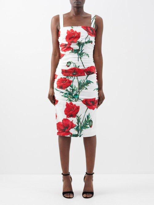 Dolce & Gabbana - Happy Garden Carnation-print Ruched Dress - Womens - Red Print